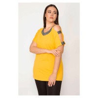 Şans Women's Plus Size Yellow One Shoulder And Collar Shimmer Detailed Blouse