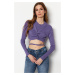 Trendyol Purple Lace-Up Detail Fitted Crop Corduroy Stretch Knitted Blouse