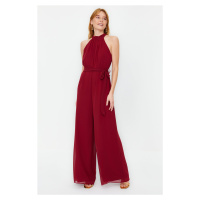Trendyol Burgundy Belted Maxi Chiffon Lined Woven Jumpsuit