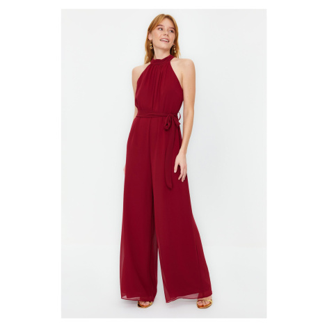 Trendyol Burgundy Belted Maxi Chiffon Lined Woven Jumpsuit