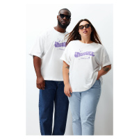 Trendyol Curve Ecru Unisex Oversize Comfortable 100% Cotton Couple Knitted T-Shirt