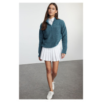 Trendyol Blue Boucle Yarn Zippered High Collar Knitwear Sweater