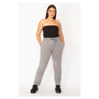 Şans Women's Plus Size Gray Sports Pants with Elastic Waist and Slip Eyelets with Pockets