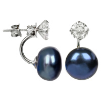 JwL Luxury Pearls Stříbrné náušnice s pravou modrou perlou a krystalem 2v1 JL0225
