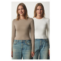 Happiness İstanbul Women's Mink Ecru Crew Neck Wrap 2-Pack Knitted Blouse