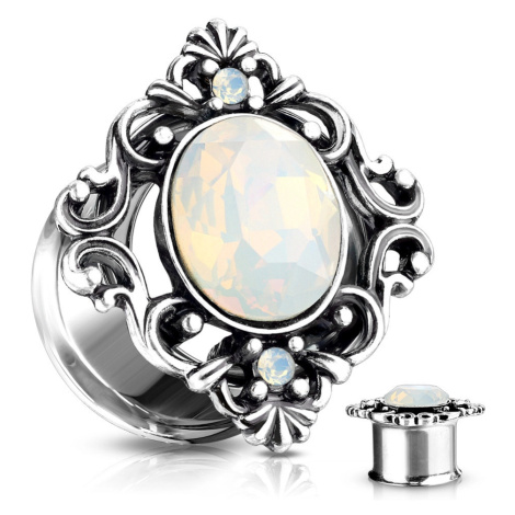 Sedlový tunel do ucha stříbrné barvy, oválný syntetický opál, filigrán - Tloušťka : 8 mm Šperky eshop