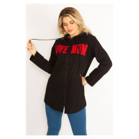 Şans Women's Plus Size Black Hooded Sweatshirt with Zipper And Print Detail