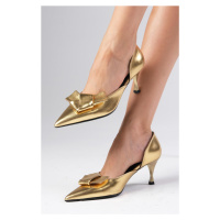 Mio Gusto Alexa Metallic Gold Color Pointed Toe Bow Accessory Women's Heeled Party and Evening S