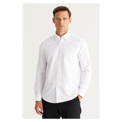 AC&Co / Altınyıldız Classics Men's White Slim Fit Slim-fit Oxford Long Button Down Collar Dobby 