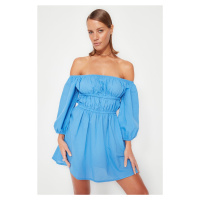 Trendyol modré mini tkané nabírané plážové šaty ze 100% bavlny