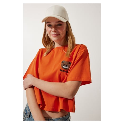 Happiness İstanbul Women's Orange Teddy Bear Crest Crop Knitted T-Shirt