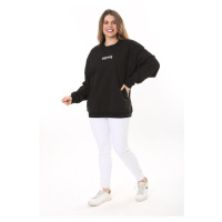 Şans Women's Plus Size Black Cotton Fabric Embroidery Letter Sweatshirt