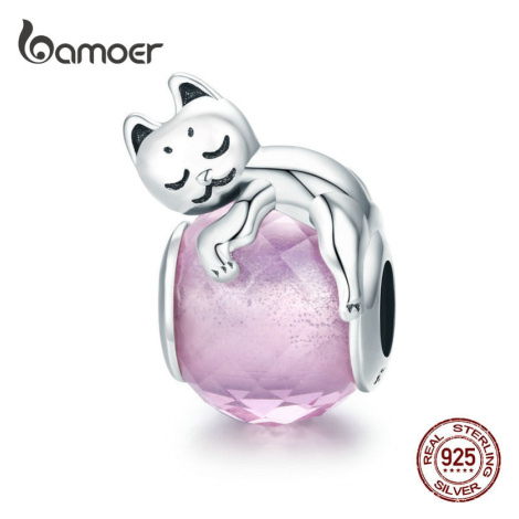 Stříbrný přívěsek kočka na růžovém kamínku SCC447 LOAMOER