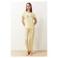 Trendyol Yellow Cherry Patterned Slogan Printed Knitted Pajamas Set