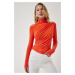 Happiness İstanbul Women's Orange Gathered Detailed High Neck Sandy Blouse
