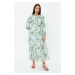 Trendyol Green Gold Brode Detail Woven Lined Chiffon Floral Dress