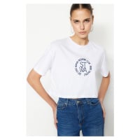 Trendyol White 100% Cotton Embroidered Crop Crew Neck Knitted T-Shirt