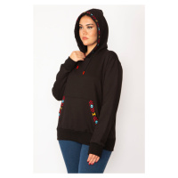 Şans Women's Plus Size Black Hooded Sweatshirt with Embroidery Detailed Kangaroo Pocket