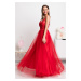 Červené společenské šaty s krajkou a tylovou sukní