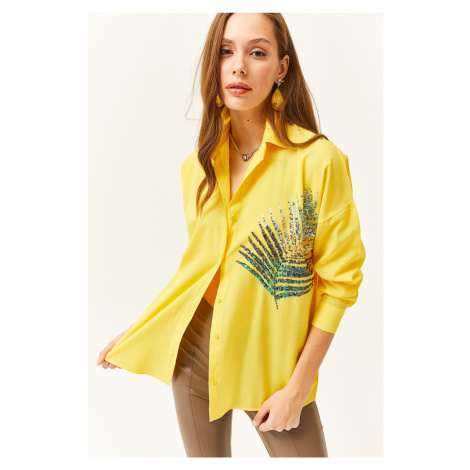 Olalook Women's Yellow Palm Sequin Detailed Oversize Woven Poplin Shirt