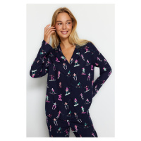 Trendyol Navy Viscose Ski Patterned Shirt-Pants Woven Pajamas Set