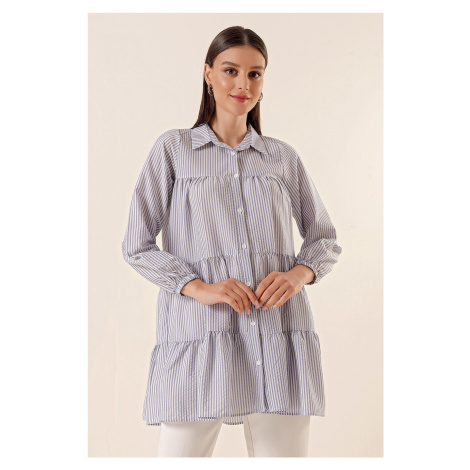 By Saygı Tiered Striped See-through Tunic Shirt Blue