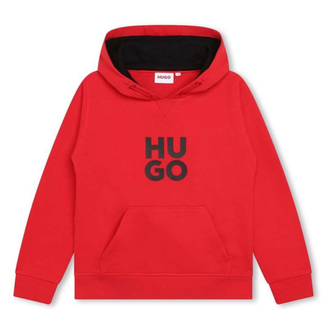 Dětská mikina HUGO červená barva, s kapucí, s potiskem Hugo Boss