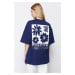 Trendyol Navy Blue 100% Cotton Back Printed Oversize/Wide Fit Crew Neck Knitted T-Shirt