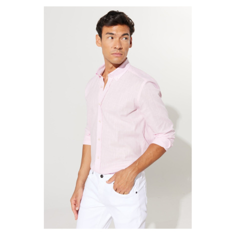 AC&Co / Altınyıldız Classics Men's Pink Slim Fit Slim Fit Buttoned Collar Linen Look 100% Cotton