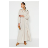 Trendyol Cream Collar With Embroidered Half Patties, Linen-Look Woven Dress