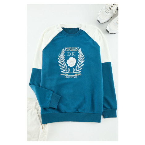 Trendyol Navy Blue Regular Fit Raglan Sleeve Color Block Printed Cotton Sweatshirt