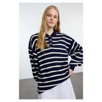 Trendyol Navy Blue Striped Balloon Sleeve Polo Neck Knitwear Sweater