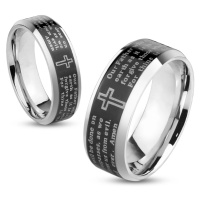 Ocelový prsten stříbrné barvy, černý pásek - modlitba Otčenáš, 8 mm