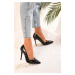 Shoeberry Women's Pera Black Patent Leather Crocodile Heeled Shoes Stiletto