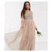 Maya Petite Bridesmaid sleeveless square neck maxi tulle dress with tonal delicate sequin in tau