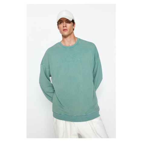 Trendyol Green Oversize/Wide-Fit Wear/Faded Effect Text Embroidery Cotton Sweatshirt