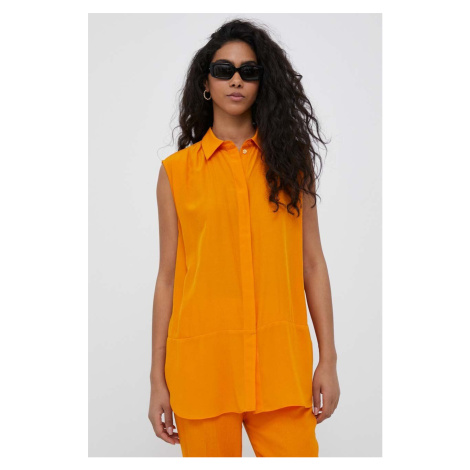 Košile Sisley dámská, oranžová barva, relaxed, s klasickým límcem