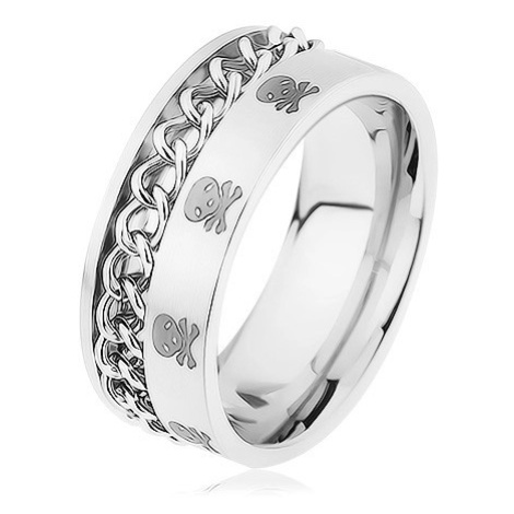 Široký prsten, ocel 316L, řetízek, vzor - lebky a zkřížené kosti Šperky eshop