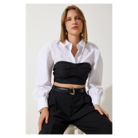 Happiness İstanbul Women's White Black Color Block Crop Shirt Blouse