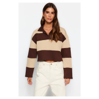 Trendyol Brown Color Block Polo Neck Relaxed Cut Crop Thick Knitted Sweatshirt