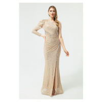 Lafaba Women's Beige One Sleeve Long Evening Dress with Sequins And Stones.