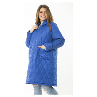 Şans Women's Plus Size Sax Front Zippered Hooded Quilted Lined Long Coat