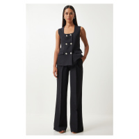 Happiness İstanbul Women's Black Square Collar Woven Vest Trousers Suit