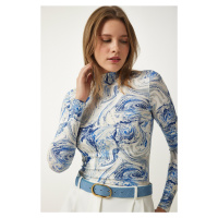 Happiness İstanbul Women's Blue Patterned Soft Textured Knitted Blouse