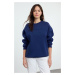 Trendyol Navy Blue Slogan Embroidered Oversize/Wide Pattern Thick Inside Polar Fleece Knitted Sw