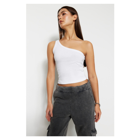 Trendyol White One-Shoulder Crop Corduroy, Stretchy Knit Tank Top