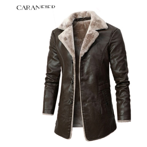 Pánský kožený kabát zimní s plyšovou podšívkou - HNĚDÝ CARANFLER