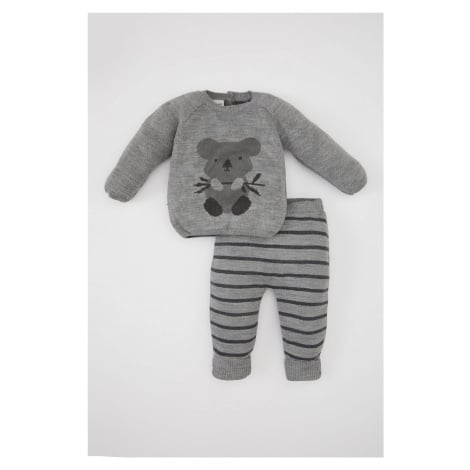 DEFACTO Baby Boy Long Sleeve Printed Knitwear Sweater Striped Bottom 2-Piece Set