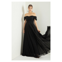 Lafaba Women's Black Boat Collar Draped Long Glittery Evening Dress with a Slit.