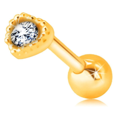 Zlatý 585 piercing do rtu nebo brady - kontura pravidelného srdíčka s čirým zirkonem Šperky eshop